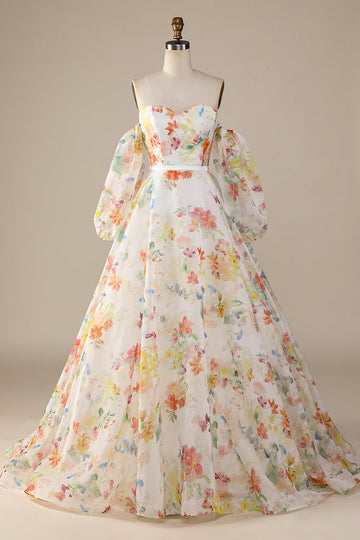 Ivory Floral A-Line Sweep Train brudekjole med ermer
